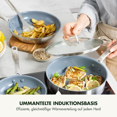 GreenPan Treviso: 10-ти речівий набір посуду з нержавіючої сталі з керамічним антипригарним покриттям, без PFAS, для індукційних плит, сумісний з духовкою, можна мити в посудомийній машині, срібний