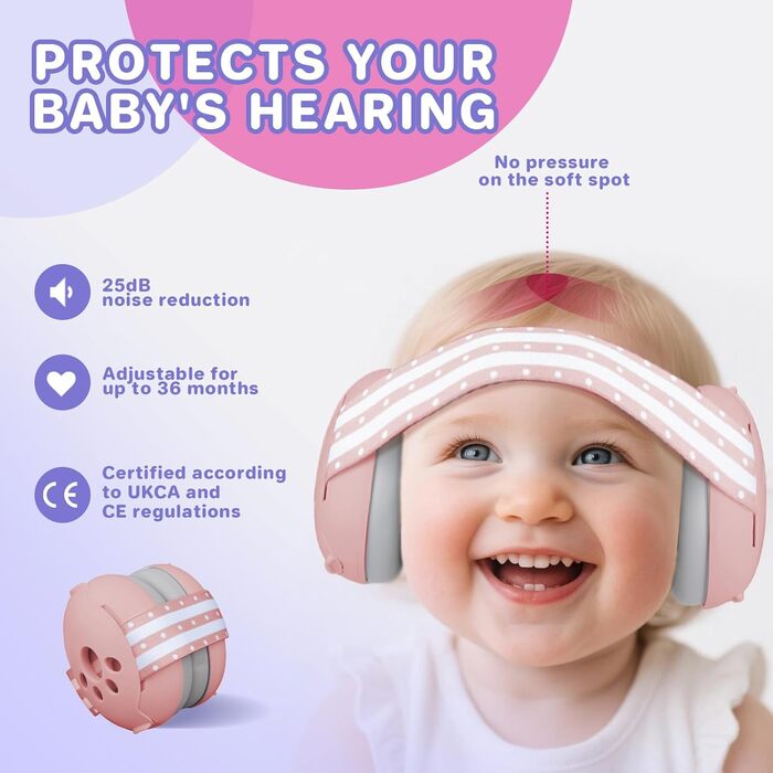 Навушники для захисту слуху дитини 0-36 місяців, 25 dB, рожеві. Безпечний та заспокійливий захист від шуму, ідеально для подорожей та сну.