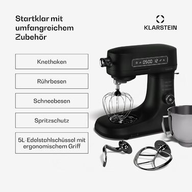 Кухонна машина Klarstein Chiara 1600W з чашею 5л з нержавіючої сталі, 12 швидкостей, LCD-дисплеєм, тиха робота ≤72 dB, набір для випічки, сумісний з посудомийною машиною, корпус з алюмінію, чорний колір
