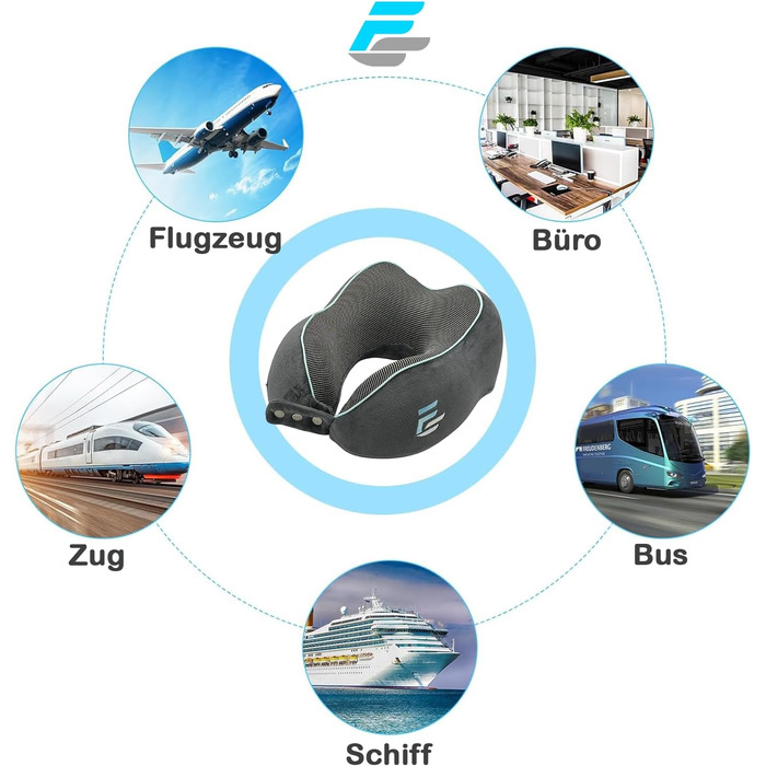 Подушка для шиї FS для літака та авто – Memory Foam з 360° підтримкою шиї – Регульована з кнопками – Дихаючий, м'який чохол – з мішечком – Сіра