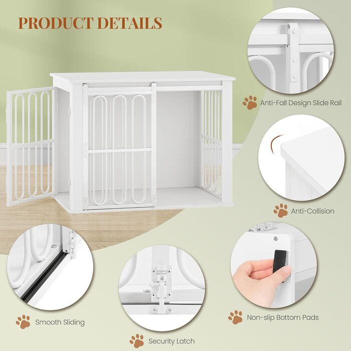 Дерев'яний вольєр для собак, 81 см, переноска для собак, клітка з 2 дверцятами, розсувні двері, для маленьких та середніх собак, міцний, з функцією столику, 81 × 55 × 62,4 см, білий