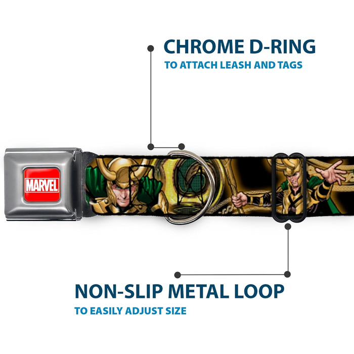 Нашийник для собак Marvel Loki Universe Buckle-down, чорний/золотий/зелений, 22,9–38,1 см (9-15 дюймів), ширина 2,5 см
