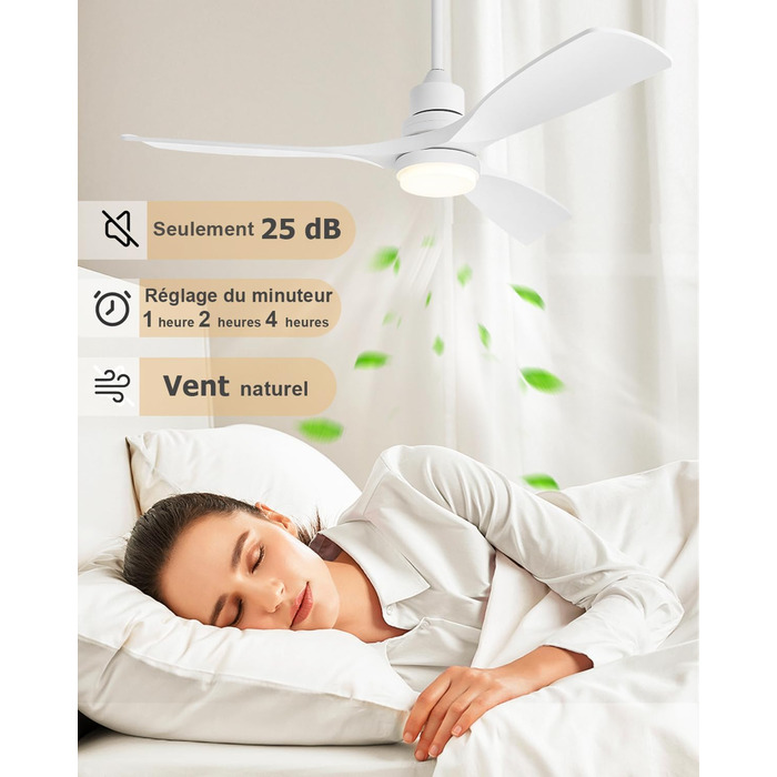 Стеляний вентилятор з підсвіткою та пультом дистанційного керування, тихий DC мотор, 132 см/52 дюйми, 3 дерев'яних лопаті, таймер, 6 швидкостей, сертифікований ETL, режим літо/зима для спальні (132см/52 дюйми, Білий)