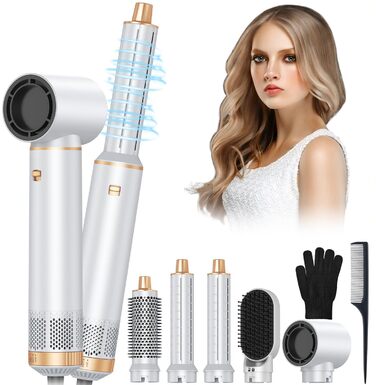 Airstyler 5 в 1: Фен-щітка для волосся, 1000W, білий. Створення об'єму, сушка, укладка, завивки. Підходить для всіх типів волосся. Набір з автоматичними локонами