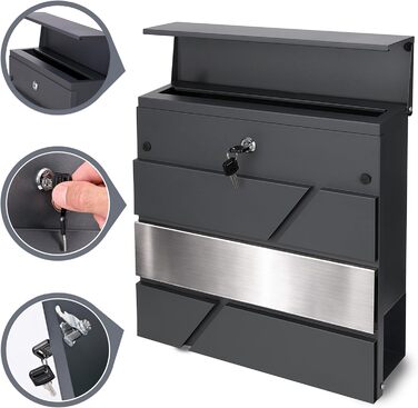 Поштовий ящик Verda з газетницею, нержавіюча сталь, антрацит, 37x37x11 см, з ключами, вікном та табличкою для імені - сучасний вуличний поштовий ящик