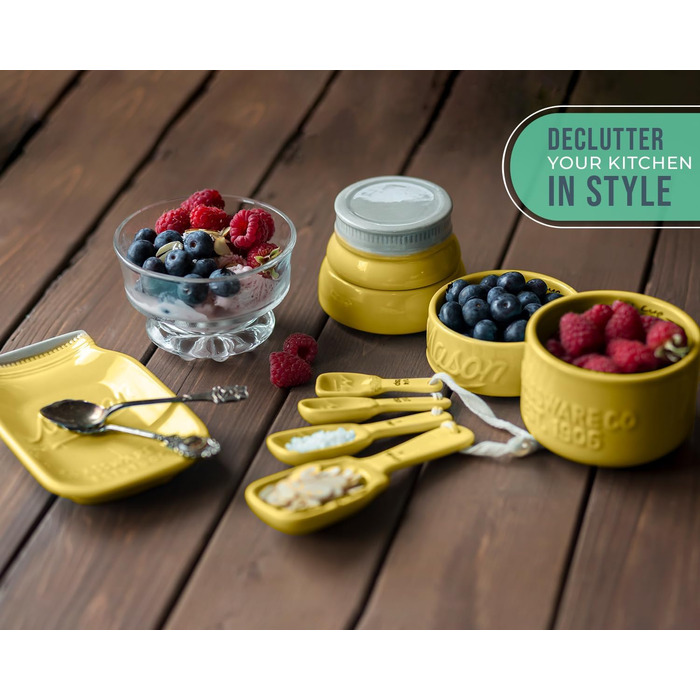 Comfify Vintage Kitchen Set - Multi-Piece Kitchen Ceramic Decor Set with 4 Measuring Cups, 4 Measuring Spoons, and Spoon Rest - Attractive Vintage Yellow - Embossed Ceramic