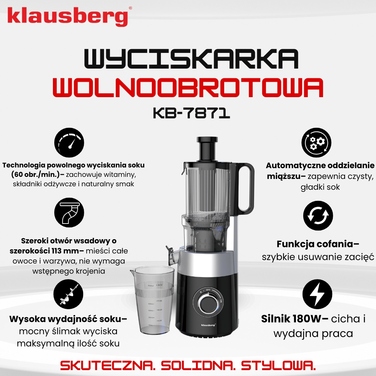 Повільна соковижималка Klausberg горизонтальна одношнекова, 180 Вт, 0,70 л