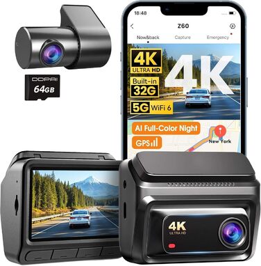 Відеореєстратор DDPAI Z60 4K+1080P, 64GB SD + 32GB eMMC, GPS, 4G LTE, WiFi 6, Нічна зйомка, Паркування 24/7