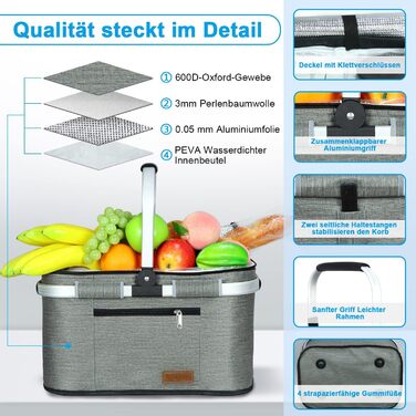 Термосумка-кошик 35L для покупок, пікніків, кемпінгу та подорожей. Ізольована термосумка-кошик сірого кольору з водонепроникним внутрішнім кишеньком та бічною підтримкою.