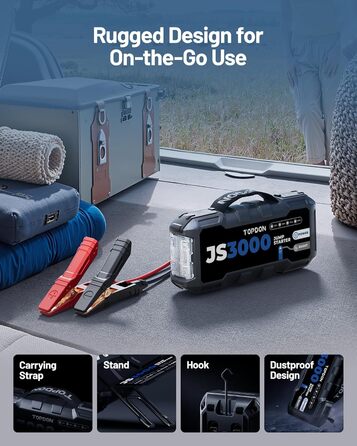 TOPDON JS3000 Powerbank для запуску двигуна: автостартер, бустер для акумулятора до 9л бензину/7л дизеля, 24000mAh, 3000A, LED, EVA-сумка