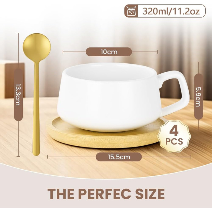 Набір кавових чашок капучино з блюдцем (4 шт), 320 мл, з кераміки, чорного кольору