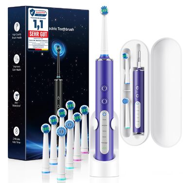 Електрична зубна щітка з круглою головкою Violett Lavendel - 50 000 рухів/хв, 8 насадок, 3 режими інтенсивності, 5 режимів чищення, 120 днів роботи від акумулятора, IPX7, доросла та дитяча, з кейсом для подорожей та тримачем