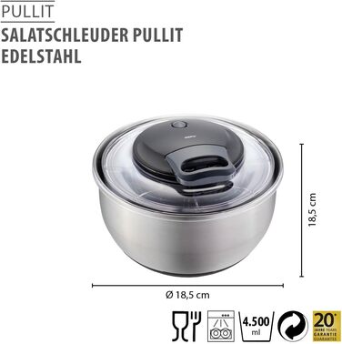 GEFU Салатоотжим - 5 л, вбудований виливник, кнопка стоп, неслизький, придатний для миття в посудомийній машині (4,5 л, кришка, нержавіюча сталь + кришка для зберігання)