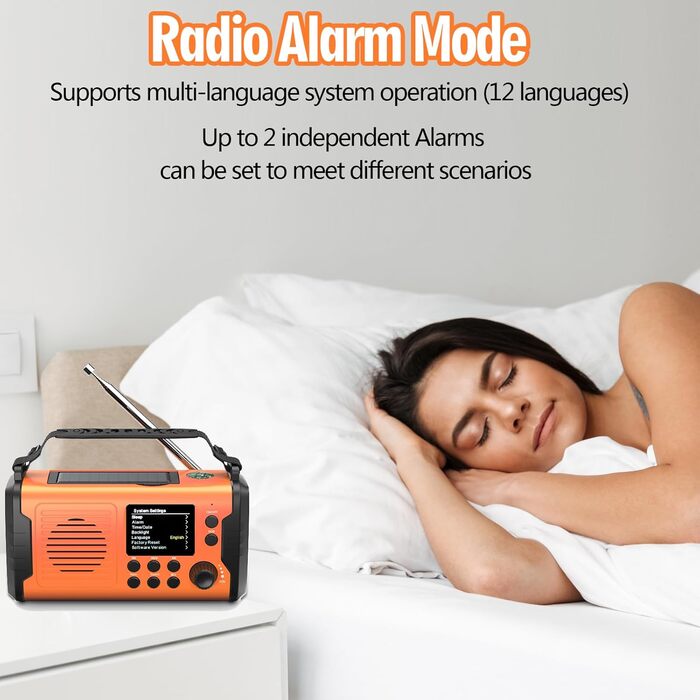Радіо Kurbelradio з сонячною панеллю та живленням від ручки, 20000mAh, DAB/DAB+/FM, Bluetooth 5.3, Powerbank, SOS, ліхтарик, компас, AUX, TF картка, LED-лампа, помаранчеве