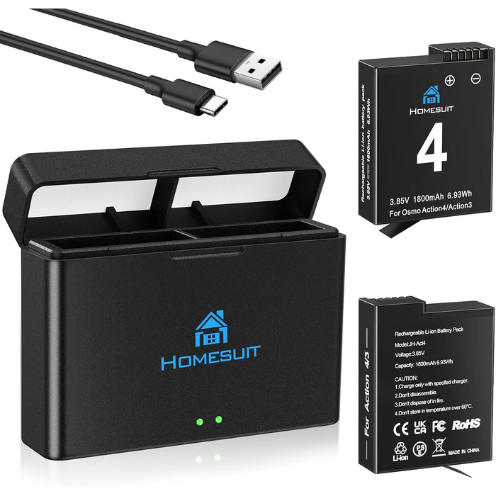 Набір акумуляторів та зарядний пристрій для DJI Osmo Action 4/3: 2x акумулятори 1800mAh + Dual USB LED зарядний пристрій