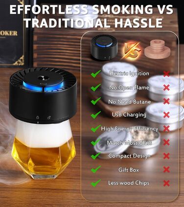 Електричний набір для копчення віскі з LED-підсвіткою, 6 ароматів деревини, без бутану, перезаряджуваний, ретро-дизайн, барний аксесуар, подарунок для чоловіків, батька, чоловіка
