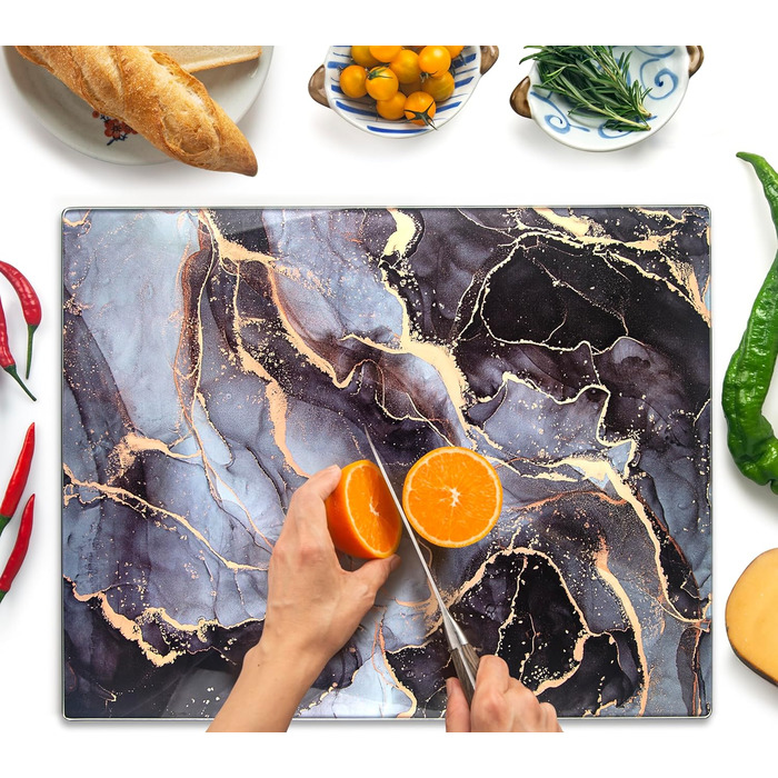 Скляна дошка для нарізання 40x30 см - гігієнічна, стійка до нагрівання та подряпин - чорна мармурова імітація, для кухні