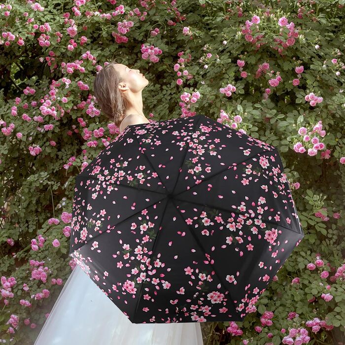 Чорний парасолька SIEPASA з точками (Sakura) - вітростійкий, автоматичний, компактний, для подорожей