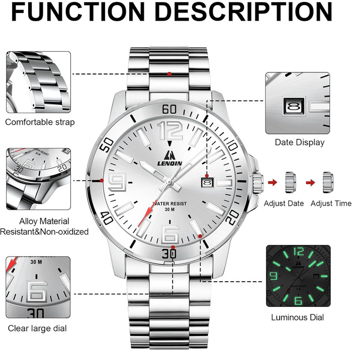 Годинник чоловічий LN LENQIN з нержавіючої сталі, водонепроникний, з датою, кварцовий, аналоговий, білий (сріблястий)