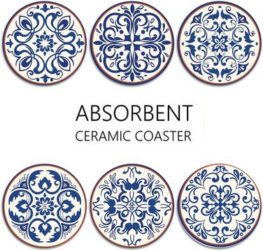 Drink Coasters 6-Piece Set, Geometric Tribal Boho Blue Red Absorbent Round Ceramic Stone Mat with Cork Bottom and Metal Holder, Housewarming Gift Bar Decor (Spanish Ceramic)
