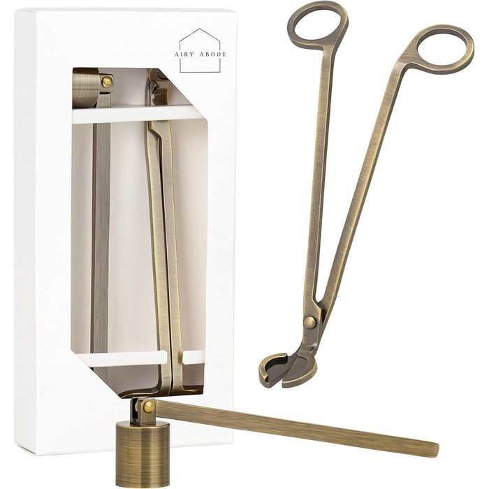 Airy Abode Candle Accessory Set with Candle Snuffer and Wick Trimmer, Gold Brushed