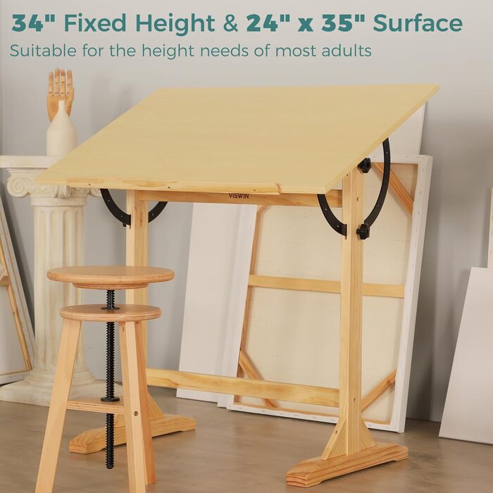 VISWIN Adjustable Drawing Table - Large Wooden Art Desk for Artists - Height & Angle Adjustable, Solid Pine Wood, Studio Easel Table for Painting & Drawing