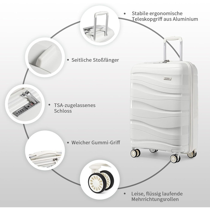 KONO Валіза ручної поклажі 55см з поліпропілену, 4 колеса, TSA-замок, 55x40x20см (Крем-білий)