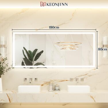 Дзеркало для ванної кімнати Keonjinn з підсвічуванням, чорний металевий каркас 60x80 см, LED, антизапар, сенсорне керування, 3 кольори світла, регулювання яскравості, пам'ять, настінне дзеркало