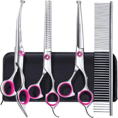 Професійна феншуйниця для собак 5-в-1 Gimars, 4CR з безпечною закругленою насадкою, титанове покриття, пряма, філірувальна та вигнута ножиці (Рожева)