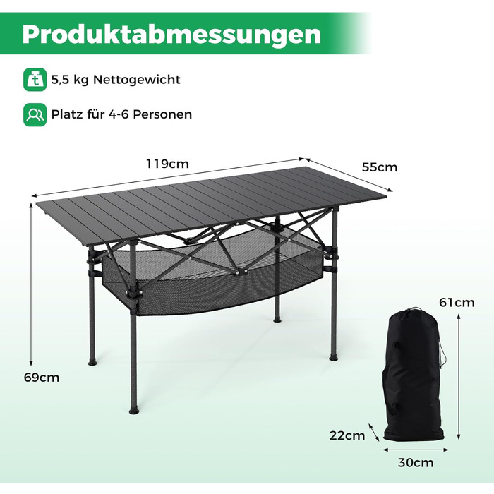Складний кемпінговий стіл COSTWAY 119x55 см з алюмінієвою стільницею та сітчастою корзиною, до 100 кг, з сумкою для перенесення, для кемпінгу, саду (Чорний)