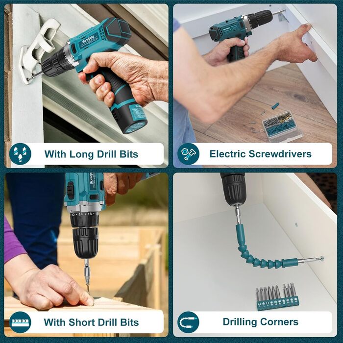 Набір інструментів Sundpey 206 шт. з акумуляторною дрилю, 12V, для ремонту та DIY, блакитний