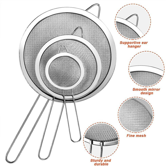 Набір кухонних сит з нержавіючої сталі, 3 шт (7/12/18 см), з посиленим руків'ям, дрібний сито, для випічки, приготування їжі, просіювання, соку