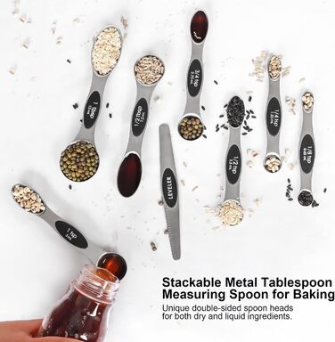 Magnetic Measuring Spoon Set, Stainless Steel with Leveler, 9-Piece, Stackable, Metal, Measuring Spoons for Baking, Measuring Cups and Spoons, Kitchen Gadgets, Home Accessories, Fits in Spice Jars