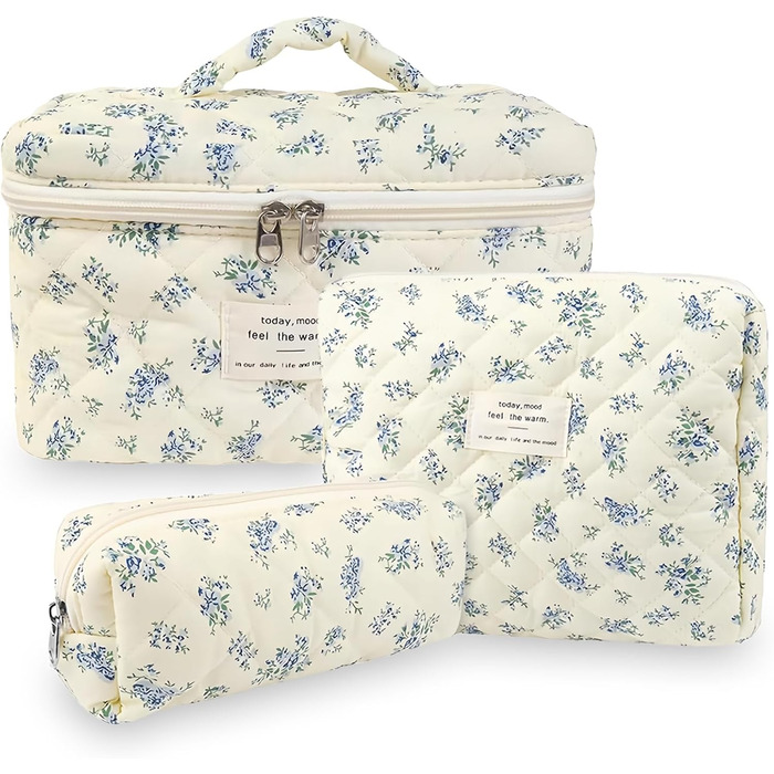 Набір косметичок 3 шт. для подорожей, косметичка для жінок з квітковим принтом, блакитний колір