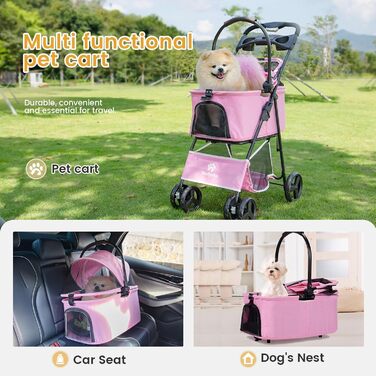 Візок для собак та дітей, складаний, рожевий. Pet Stroller з сітчастими віконцями та кошиком для зберігання. Підходить для маленьких та середніх собак.