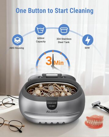 Ультразвукова мийка VLOXO 600мл, 42 кГц – для ювелірних виробів, інструментів, протезів, годинників, нержавіюча сталь, 50W