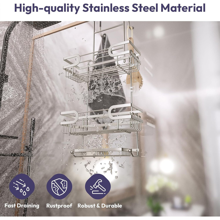 Настінна поличка для душу SWTYMIKI з нержавіючої сталі, сірого кольору - 2 корзини, 2 мильниці, 14 гачків