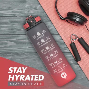 1L Drinking Bottle - BPA-Free Drinking Bottle with Straw and Time Markings - Water Bottle for Bicycle, Outdoor, School, Running, and Gym - Carbonated Drink Bottle Suitable (gray and red)