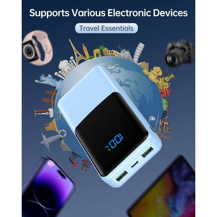 Power Bank Coblob 27000mAh з LED дисплеєм, 3 виходи та 2 входи, USB-C 30W, блакитний