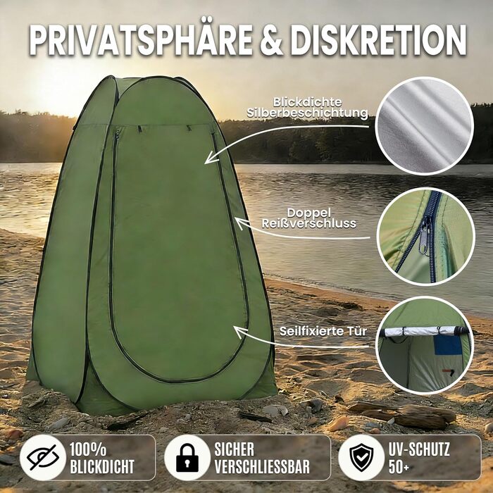 Зручне намет-туалет CLIPOP: портативна душова кабіна, ширма, захист від сонця, водонепроникність, 120x120x190 см, зелений