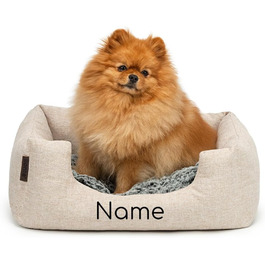 Lionto Dog Basket with Fluffy Reversible Cushion, Cozy Pet Bed in a Marbled Design with Deep Entry for Dogs & Cats of All Sizes, 80x60 cm, Soft Dog Bed, (Beige, L 60 x W 50 x H 22 cm (with name imprint))