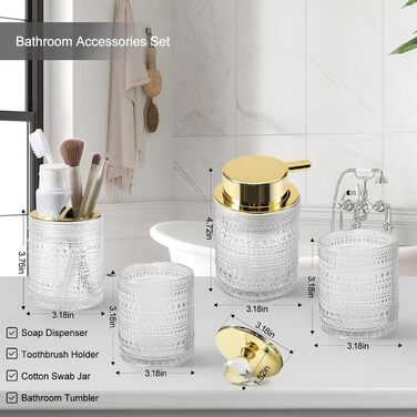 Набір аксесуарів для ванної кімнати Dasiton (4 шт.) з прозорого скла: мильниця, тримач для зубних щіток, стаканчик, контейнер для ватних паличок. Зелений/Прозорий (A)