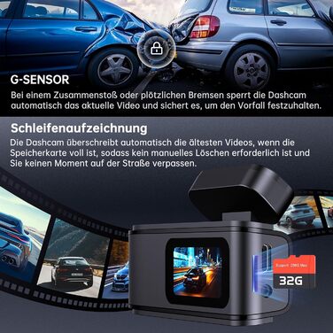 Автомобільний відеореєстратор Dashcam Dual 2.5K + 1080P з WiFi, 32GB SD-картою, ширококутним об'єктивом 170°, нічним баченням та датчиком удару G-сенсором, чорний