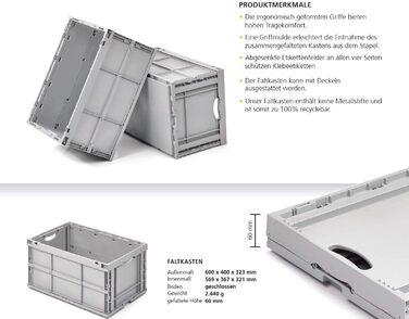 Складаний пластиковий контейнер TopStore 65 л, 60x40x32 см, зручні ручки, промислова якість, стійкий, для зберігання та транспортування, німецький, 35 кг, 100% перероблюваний