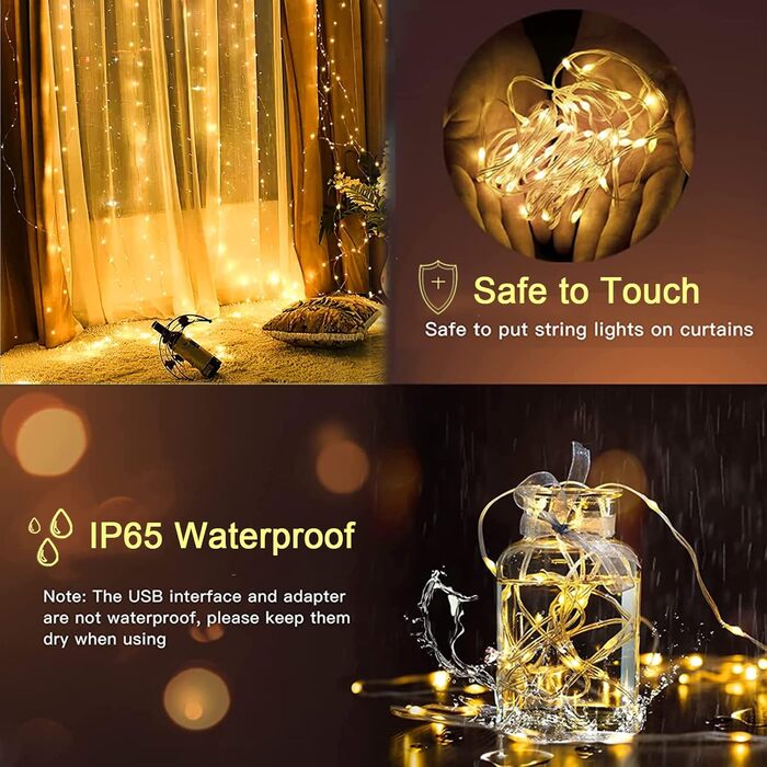 Лампочки-завіса 3x3м, 300 LED, USB, 8 режимів, пульт, IP65, тепле світло, для декору, свята, вечірки