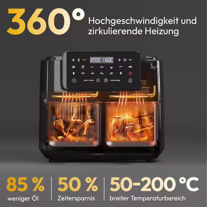LLIVEKIT Dual Zone Hot Air Fryer with Viewing Window, 9L XXL Air Fryer without Oil, Air Fryer with 9-in-1 Cooking Presets, 2 Drawers, Touchscreen, Smart and Timer Function, Healthy Fryer and Low-Fat 9L Black | Dual Zone