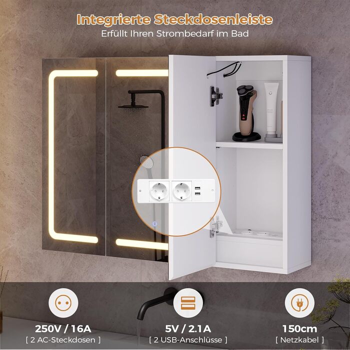 Дзеркало шафа для ванної кімнати з LED-підсвіткою, розеткою та 3 колірними температурами, 60x90x16 см, диммер, сенсорне управління, 3 регульовані полиці, білий колір