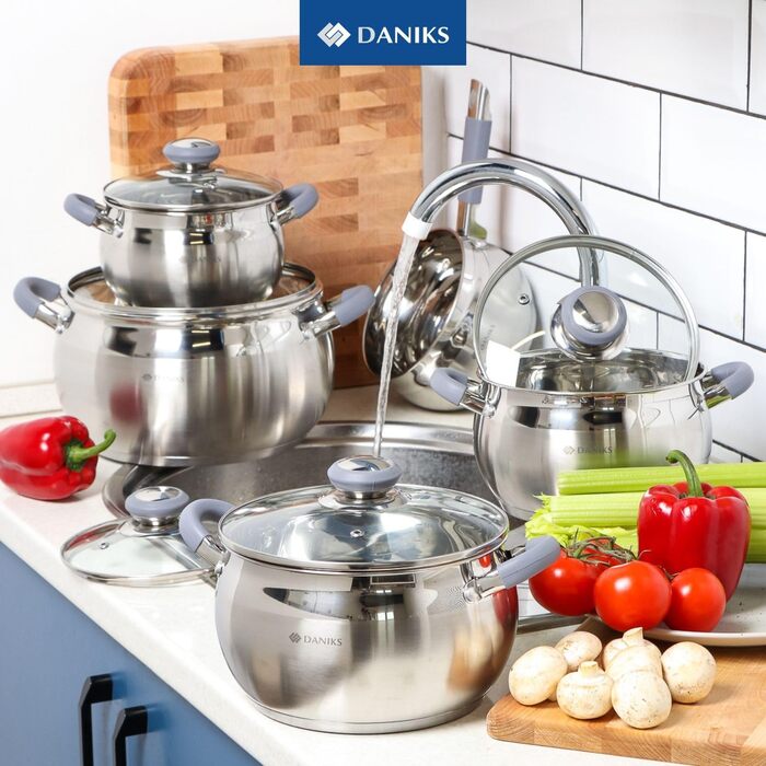 Каструля Daniks Modern з нержавіючої сталі для індукції з скляною кришкою та силіконовими ручками, 20 см, 2.9 л, срібляста – супова/макаронна