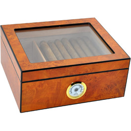 Десктопний вологозбережувальний футляр для сигар на 25-50 штук, з твердим склом, ручної роботи, з іспанського кедру, з перегородкою, зволожувачем та гігрометром, Burlwood Blond 50 Ct