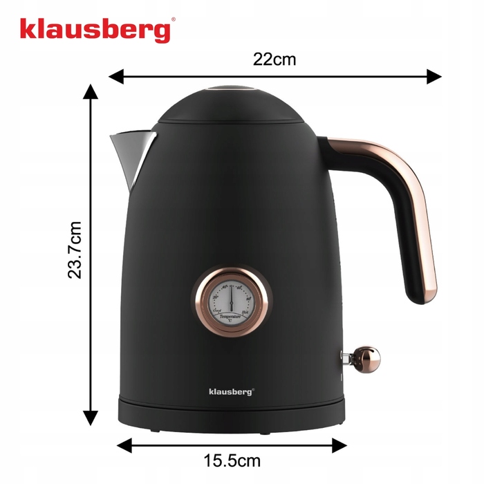 Електричний чайник Klausberg Retro з термометром, 2200 Вт, 1,7 л, чорний